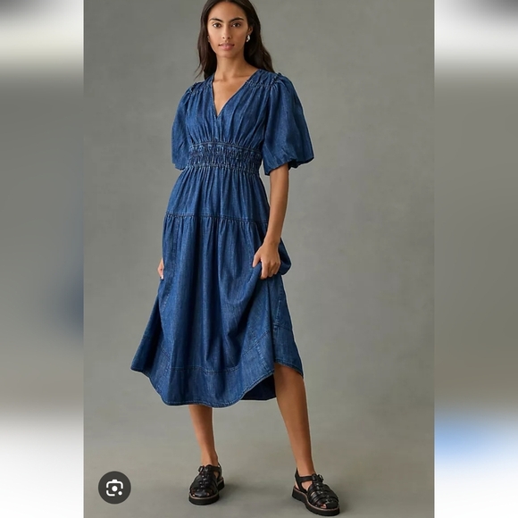 Pilcro Smocked Puff-Sleeve Denim Cotton Dress Size Small - Picture 12 of 12